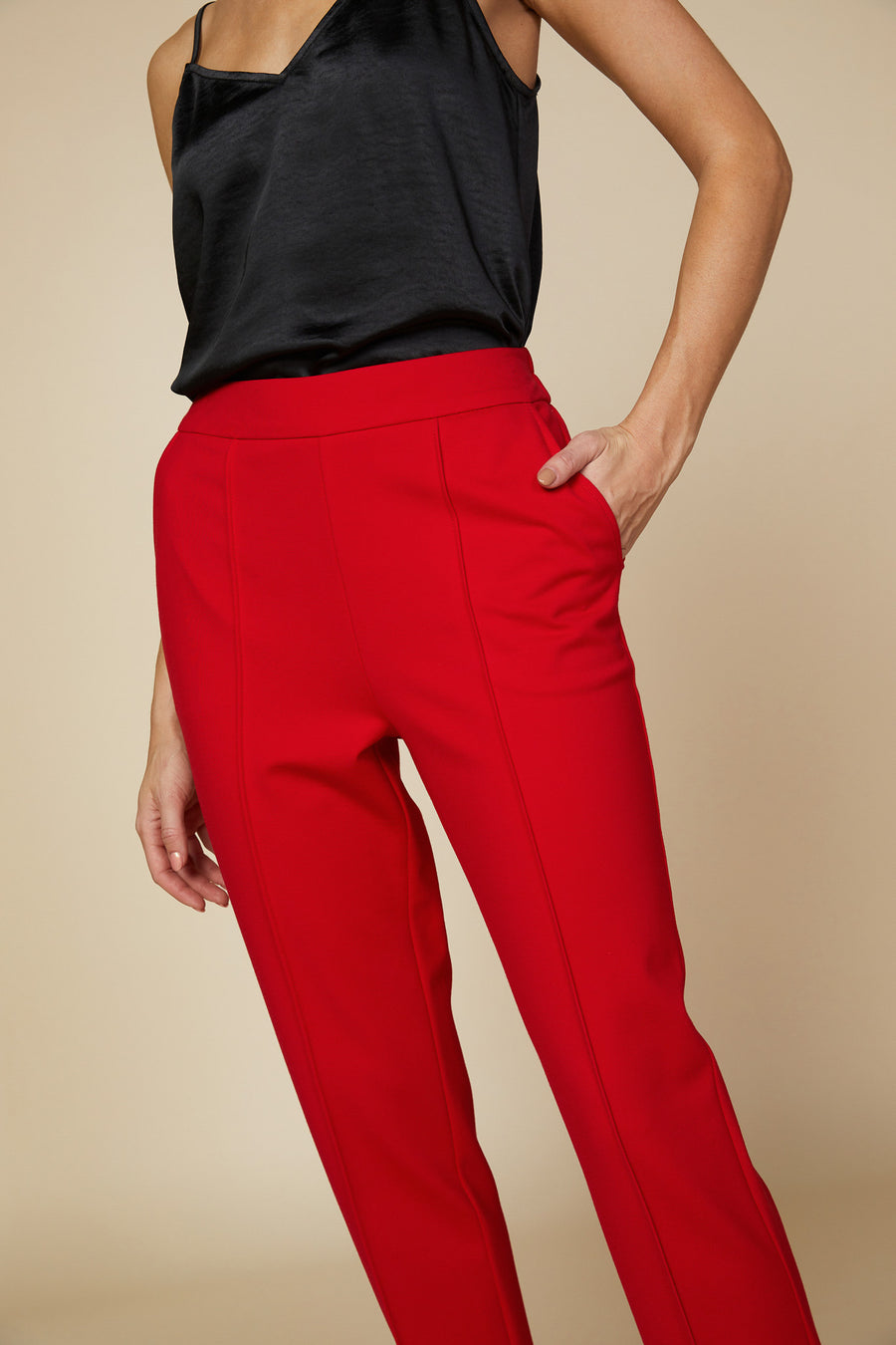 Skies are Blue Work Work Work Dress Pants - Scarlet Red, tapered leg, pull on, from pockets, pin tuck detail, plus size