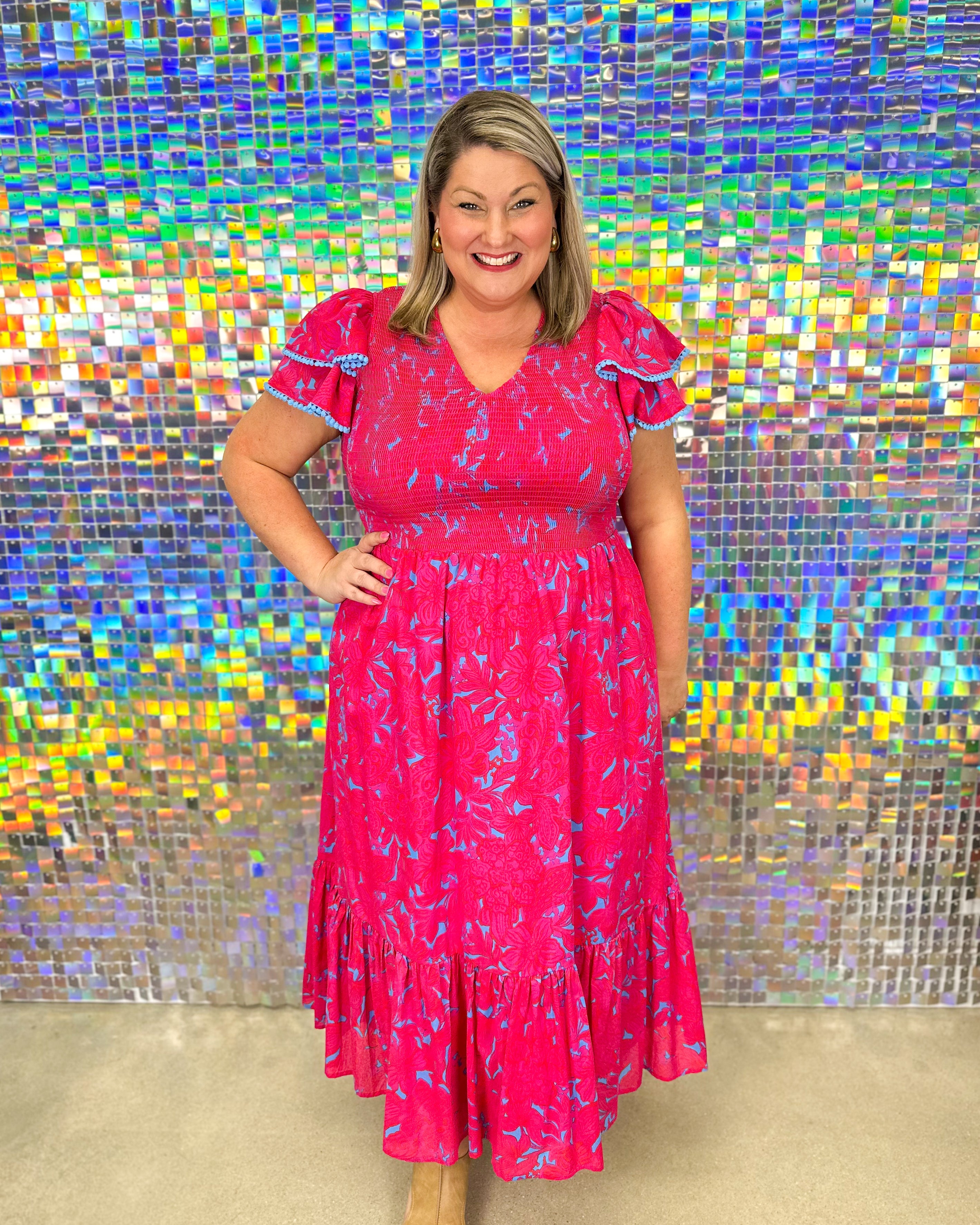 FINAL SALE Delina Tiered Midi Dress - Blue/Pink