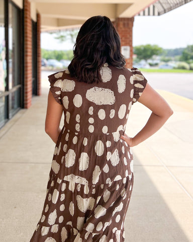 Jodifl Spotted In The Wild Midi Dress - Brown, short ruffle sleeve, v-neck, tiered, printed