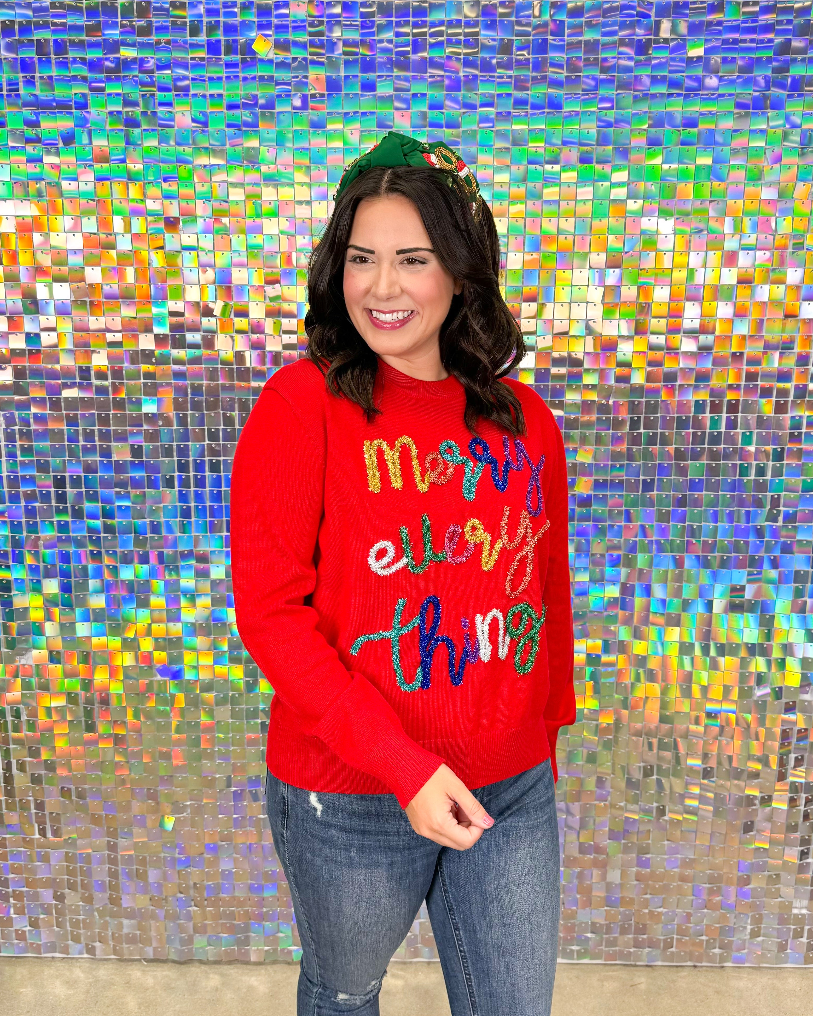 Queen of Sparkles Merry Everything Glitter Script Sweater - Red