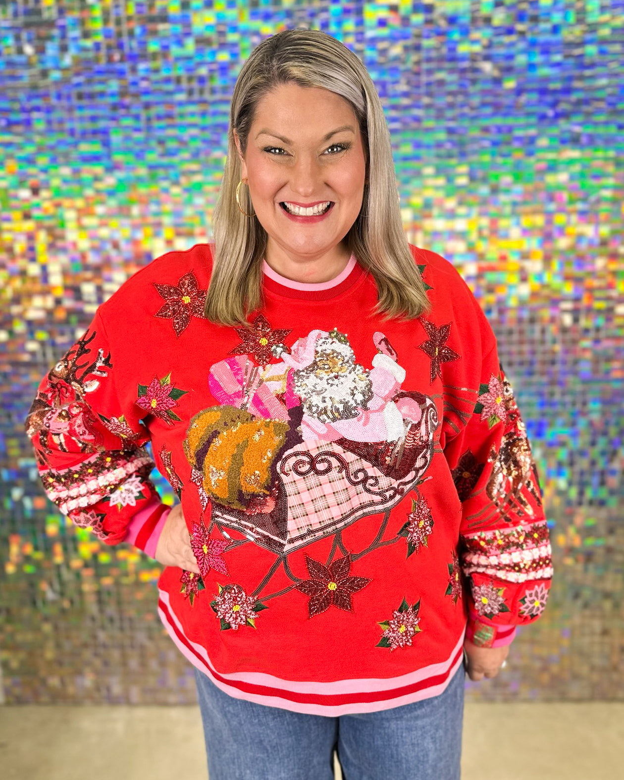 Queen of Sparkles Vintage Poinsettia Sweatshirt - Red/Pink