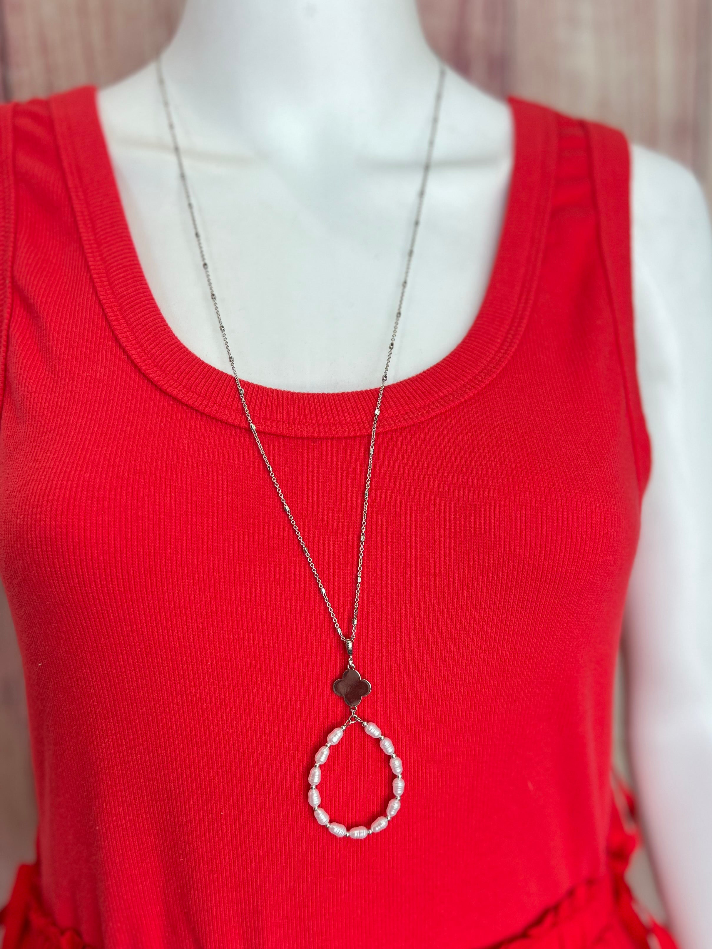 Pearl Teardrop Beaded Necklace - Silver