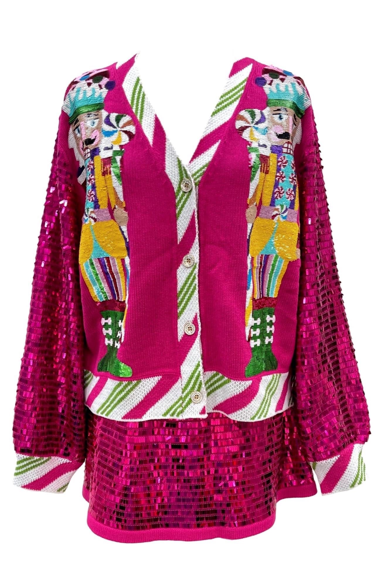 Queen of Sparkles Peppermint Nutcrackers Shard Sequin Sleeve Cardigan - Hot Pink