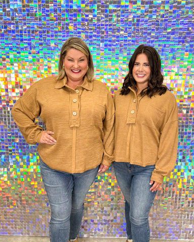 Blu Pepper Braxton Button Top - Almond, brown, tan, plus size, buttons, collar, v-neck, long sleeve, 