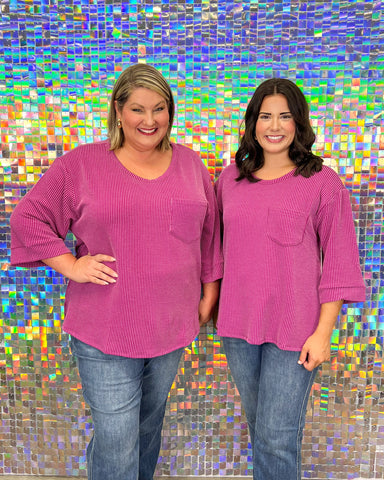 Andree By Unit Miranda Ribbed Top - Magenta, plus size, front pocket, ribbed, round neck, 3/4 sleeve