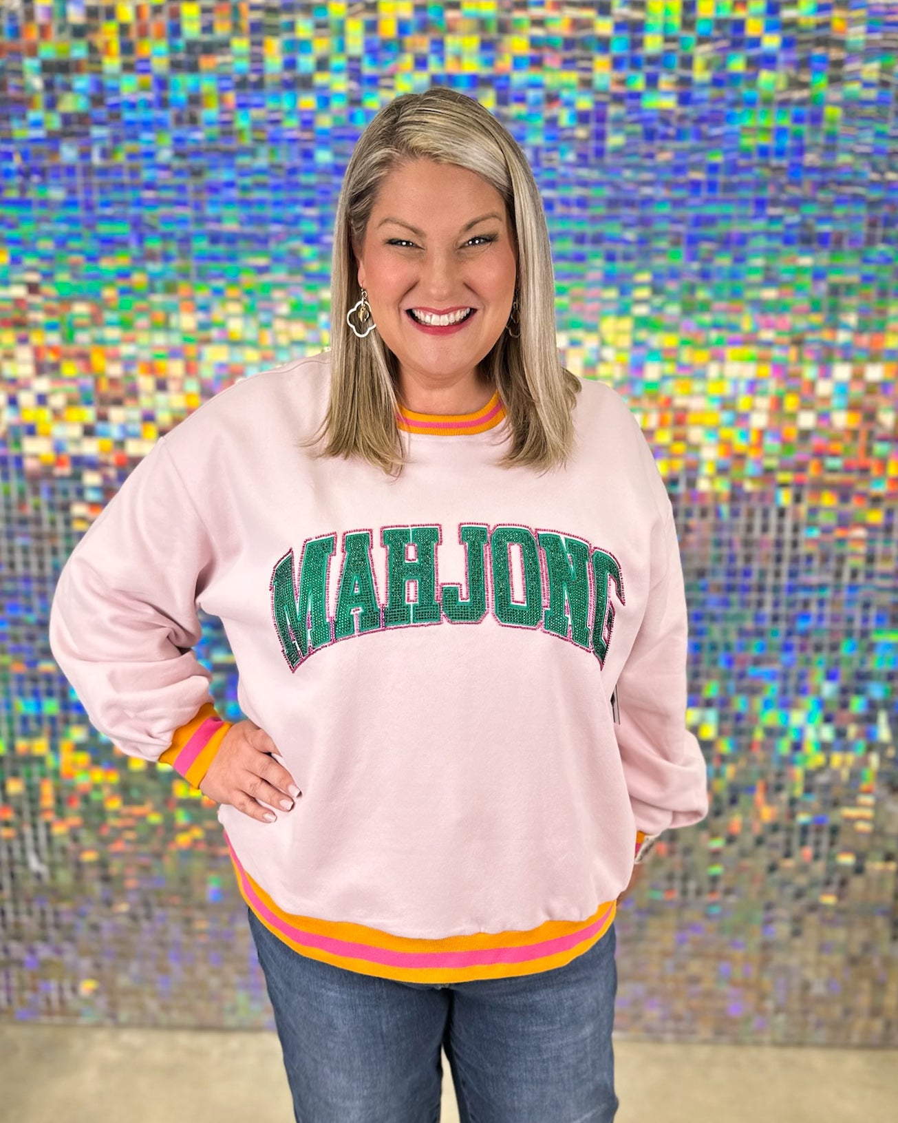 Queen of Sparkles Mahjong Rhinestone Sweatshirt - Orange & Green