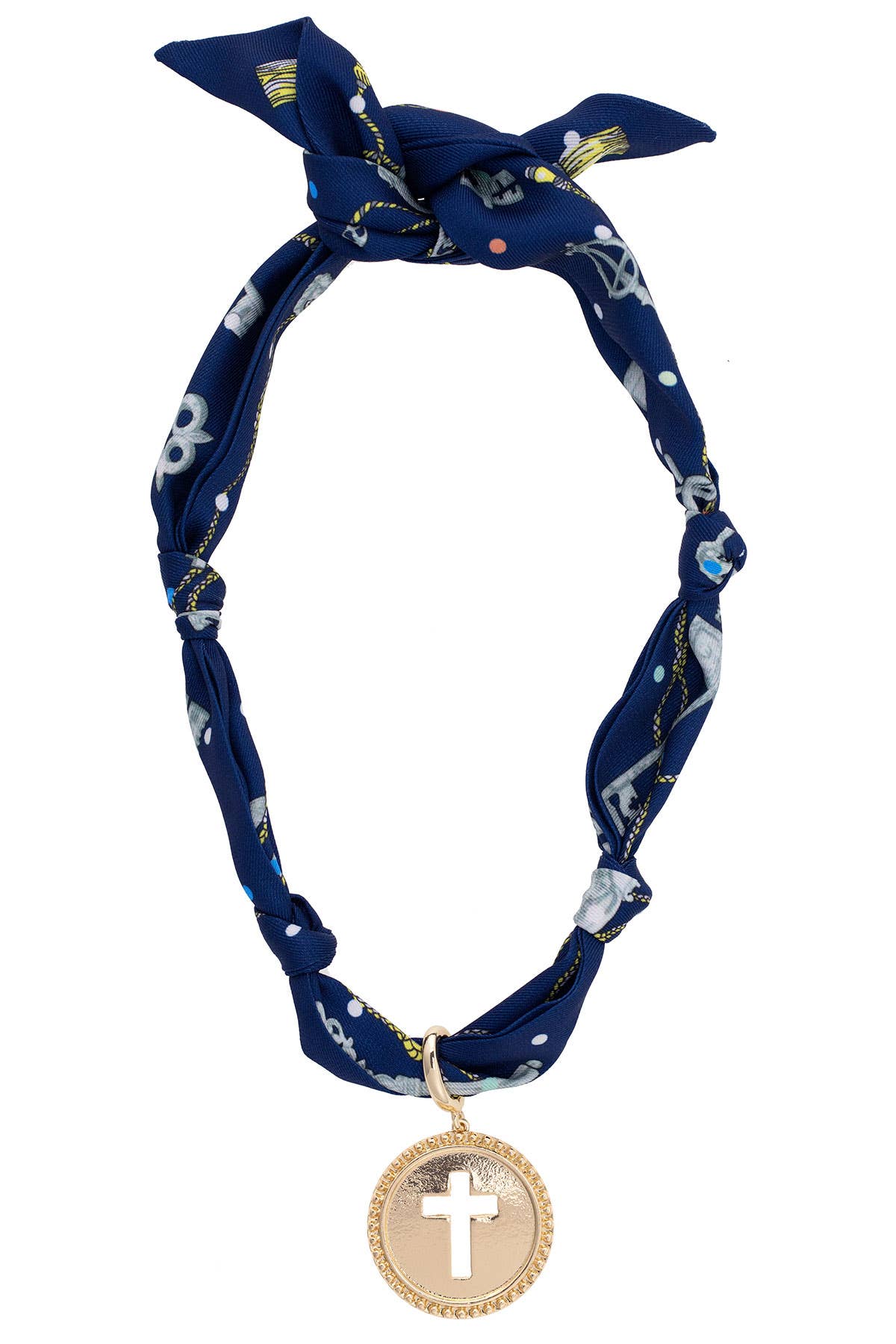 Elodie Cross Coin Scarf Necklace in Navy & Seafoam