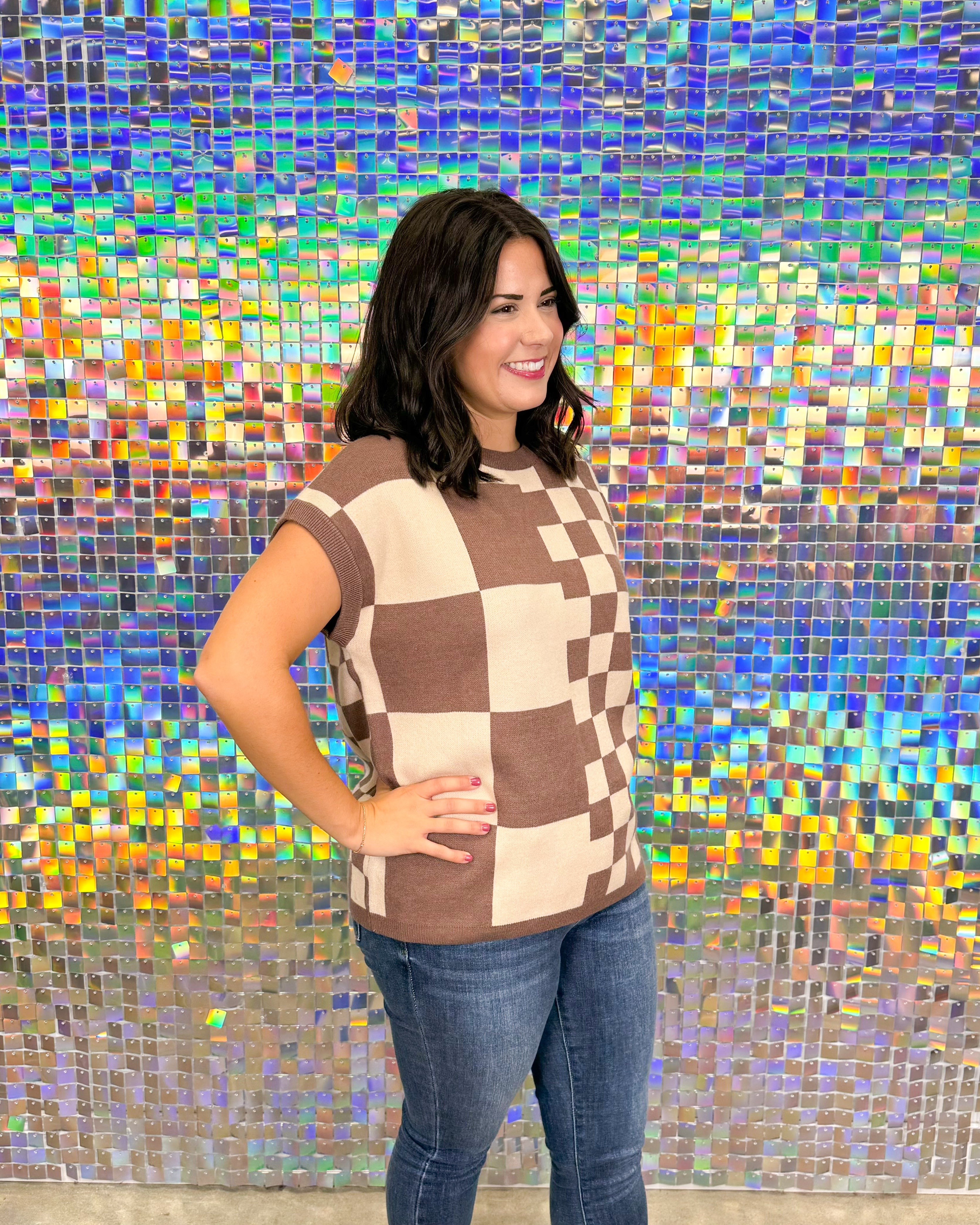 First Love Pepi Sweater - Cocoa/taupe, brown, tan, checkered, grid, pattern, round neck, short sleeve, plus size