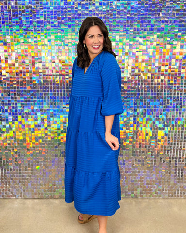 Entro Silky Symphony Dress - Cobalt Blue, v-neck, long sleeve, tiered, midi, textured