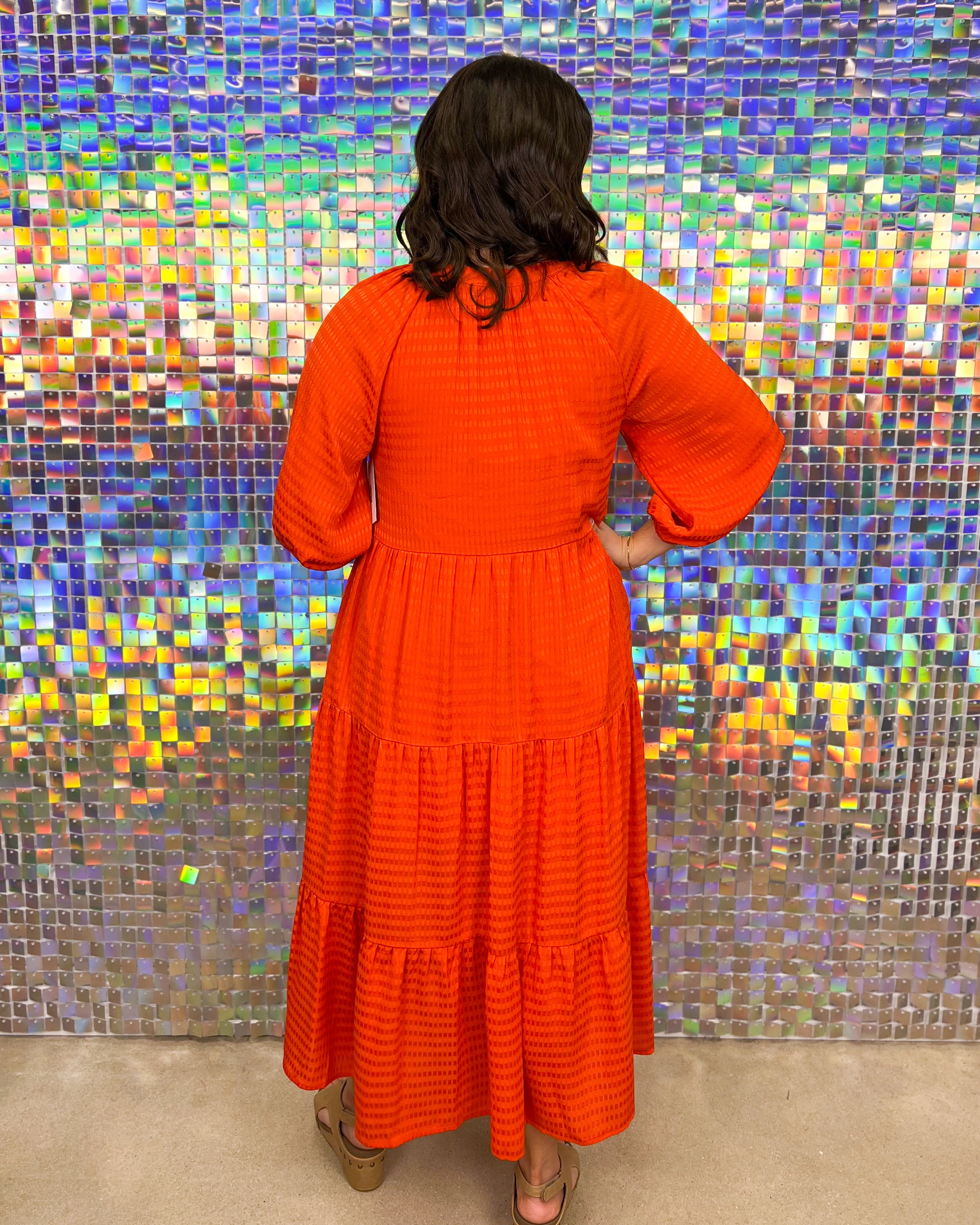 Entro Silky Symphony Dress - Orange v-neck, long sleeve, tiered, textured, midi
