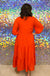 Entro Silky Symphony Dress - Orange v-neck, long sleeve, tiered, textured, midi