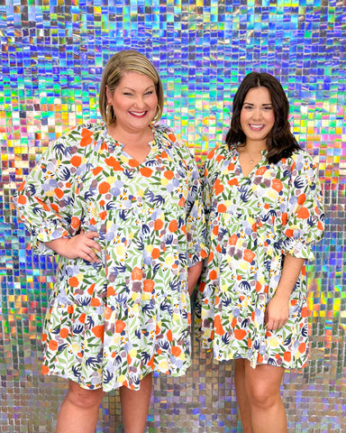 Entro Painter's Muse Dress - Blue, long sleeve, tiered, print, v-neck, plus size