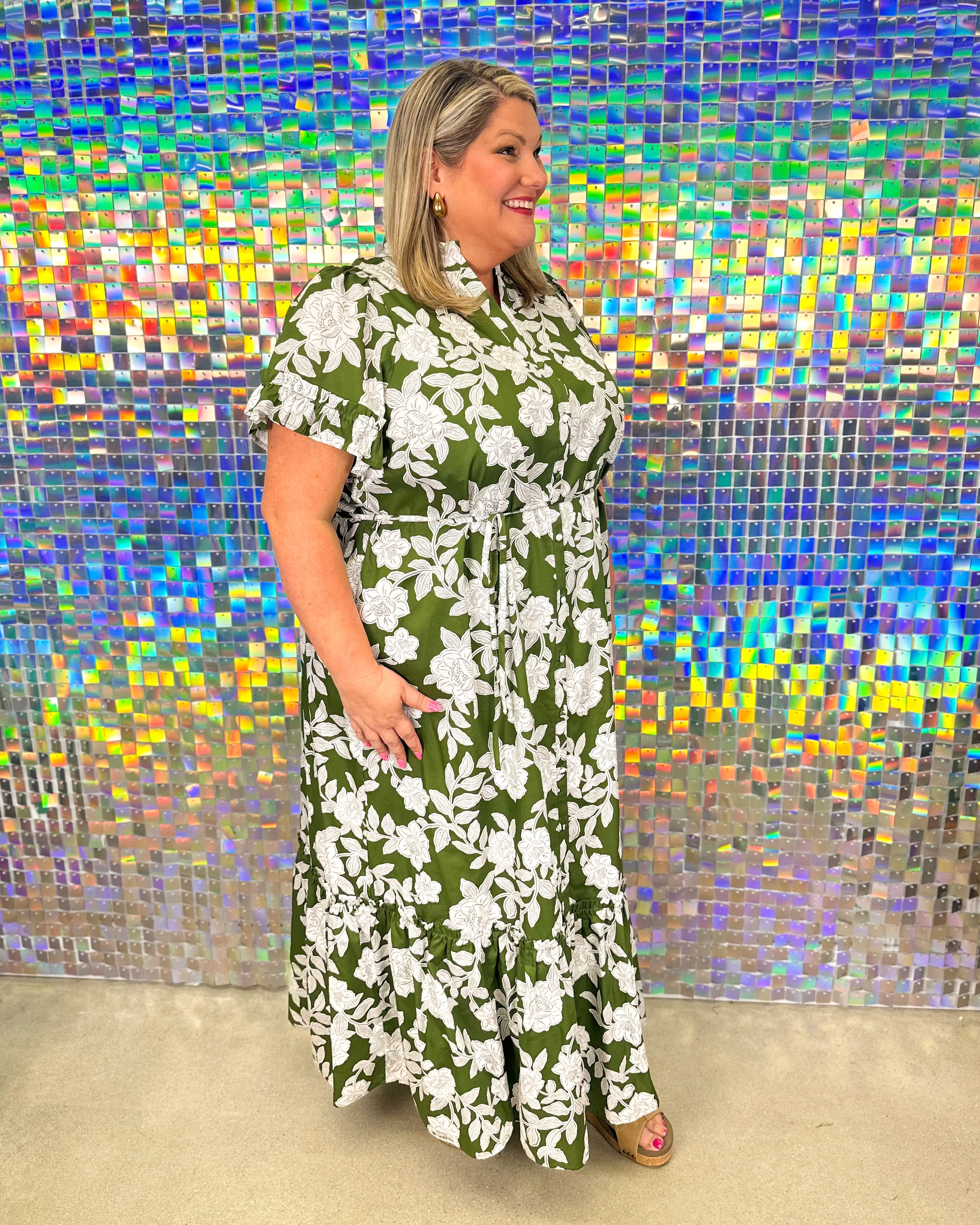 Haizley Button Up Maxi Dress - Cream/Green