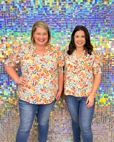 Entro Wildflower Top - Peach, floral, plus size, smocked, v-neck, short sleeve