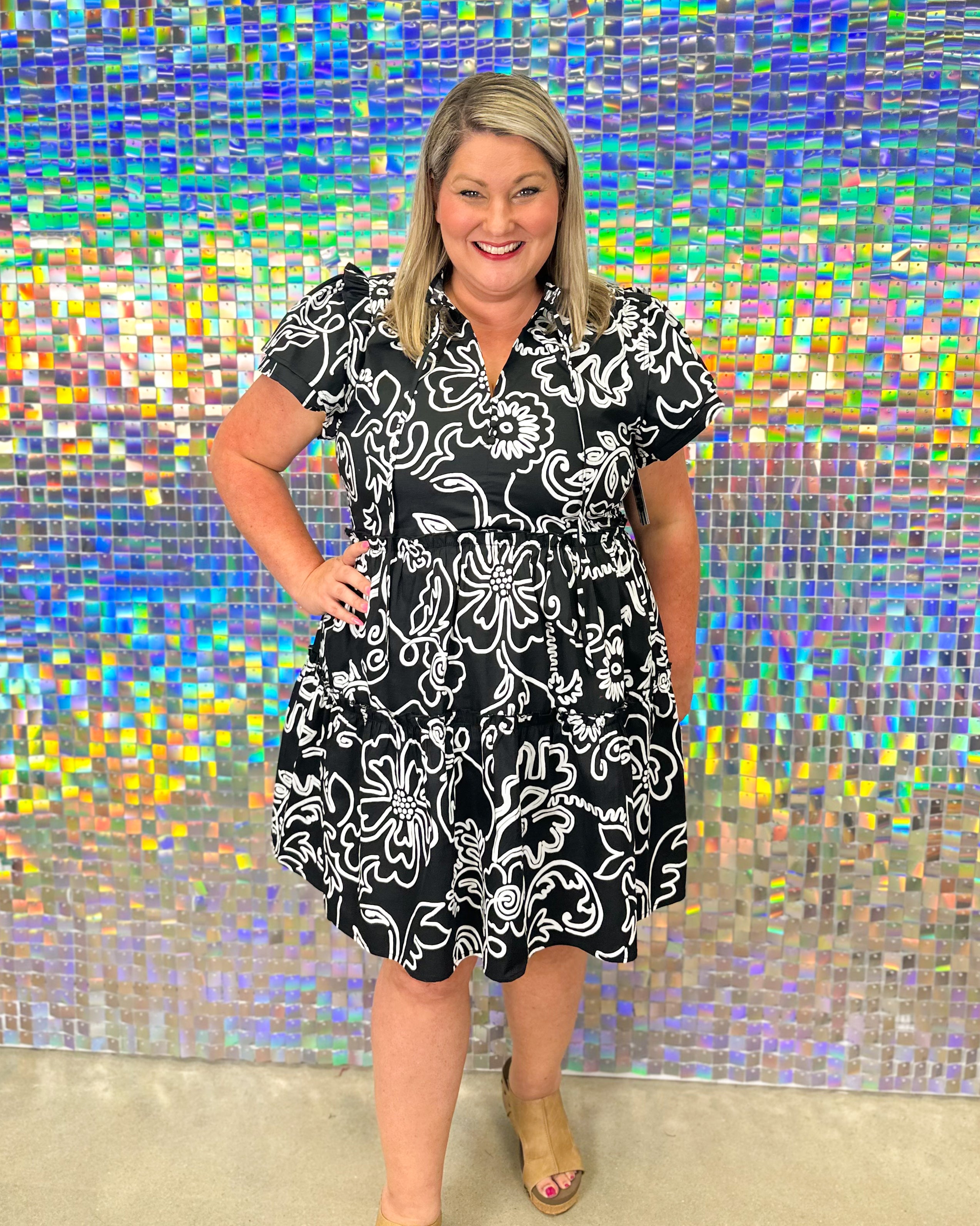 Haylie Floral Empire Tiered Dress - Black/White