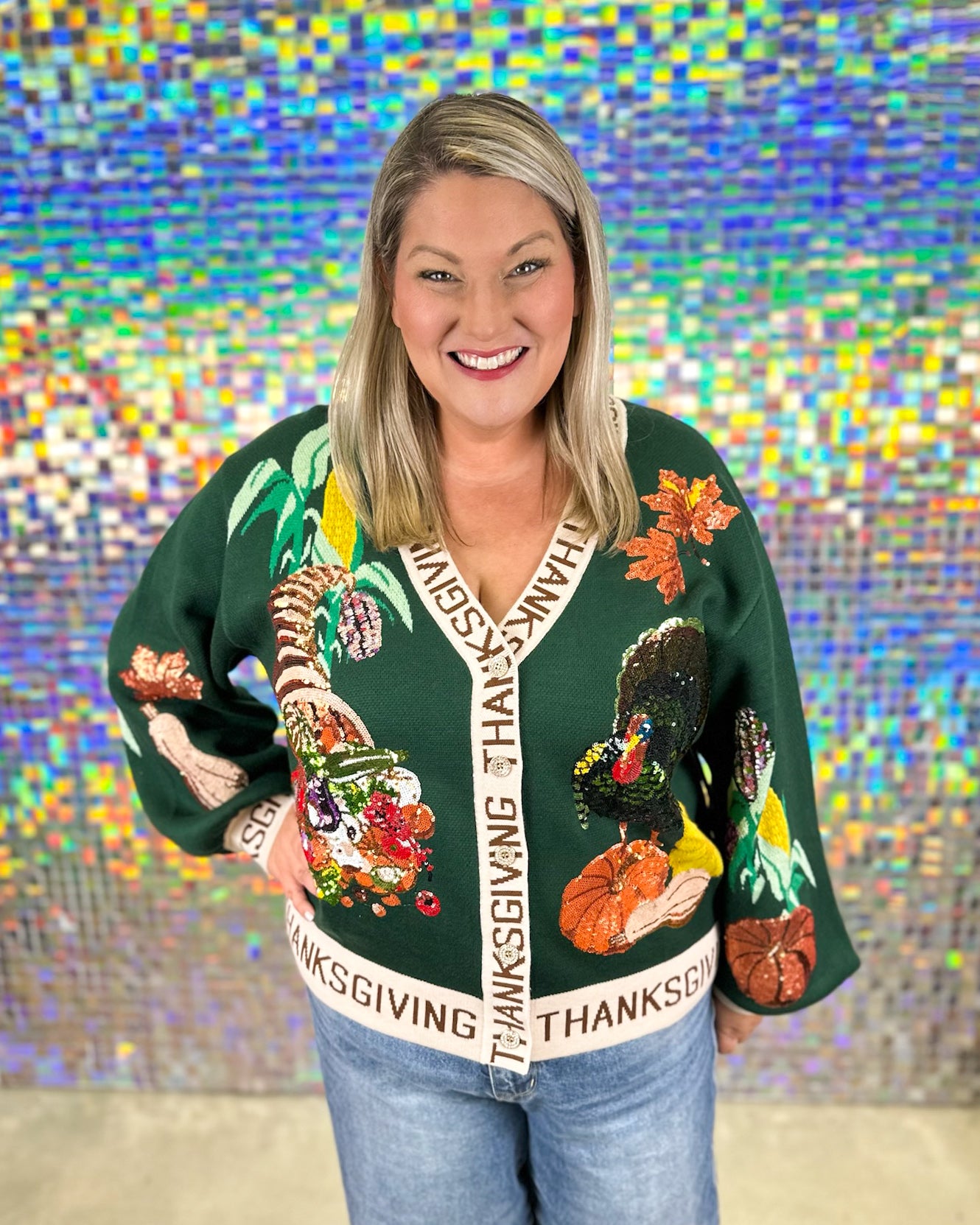 Queen of Sparkles Thanksgiving Button Cardigan - Dark Green