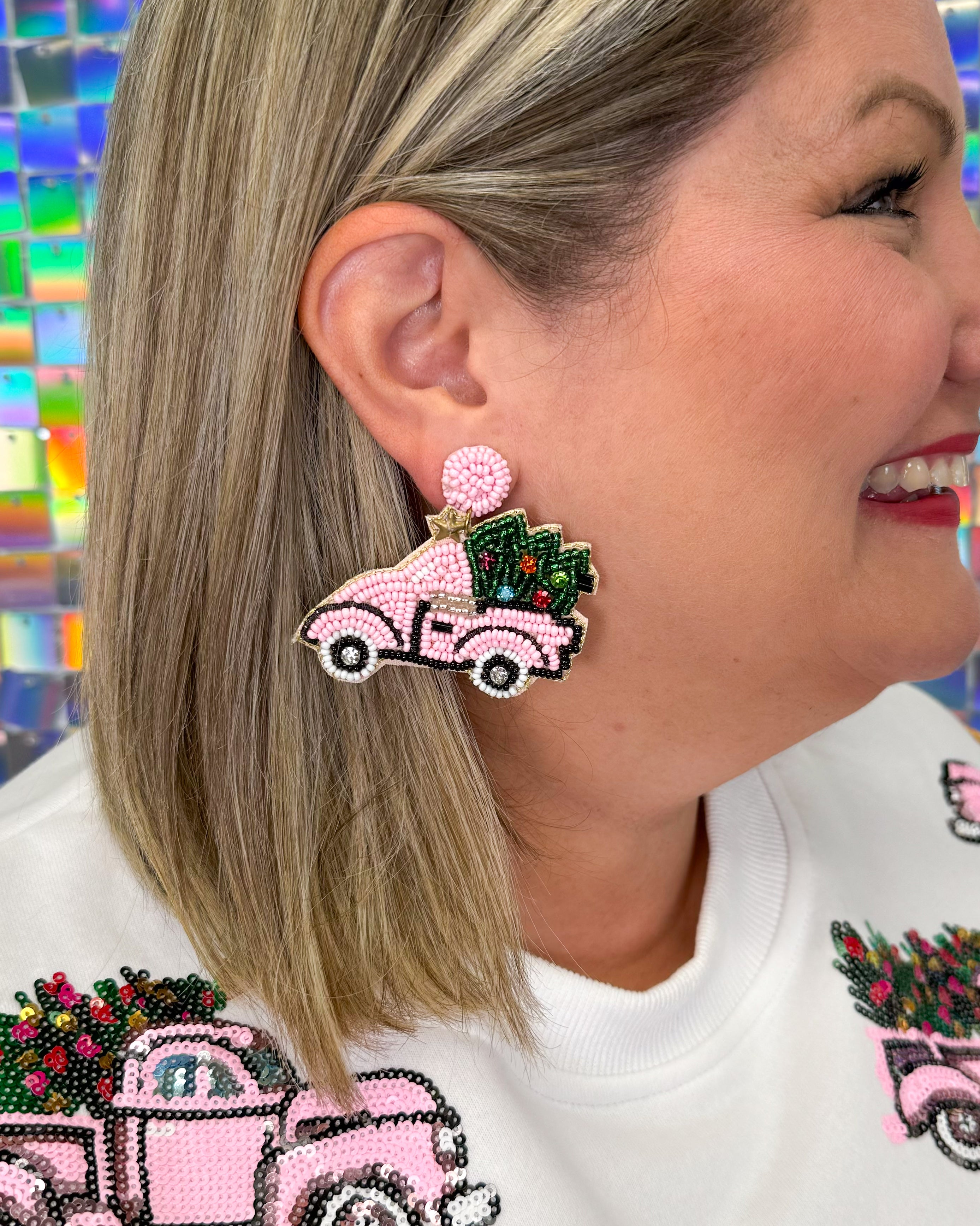 Pink Christmas Truck Beaded Earrings