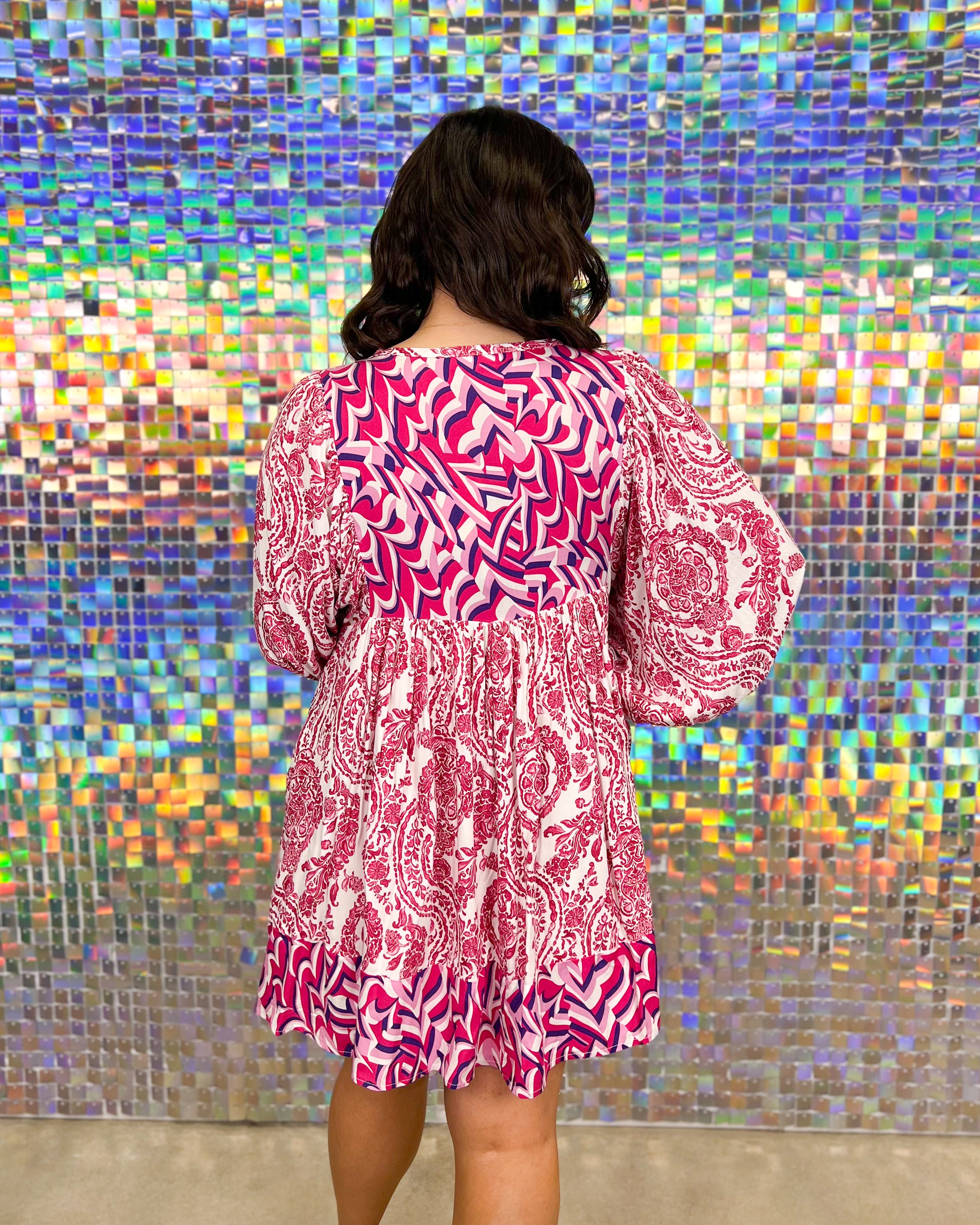 Entro Qualo Dress - Fuchsia, pink, purple, tiered, long sleeve, print