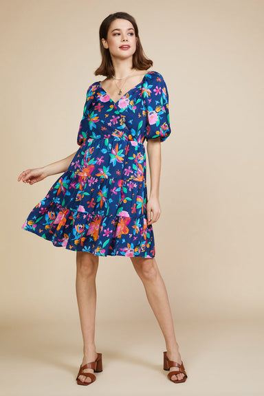 Skies Are Blue Barclay Dress - Navy/Hyper Pink Floral, Curvy, Surplice, Puff Sleeve, tiered