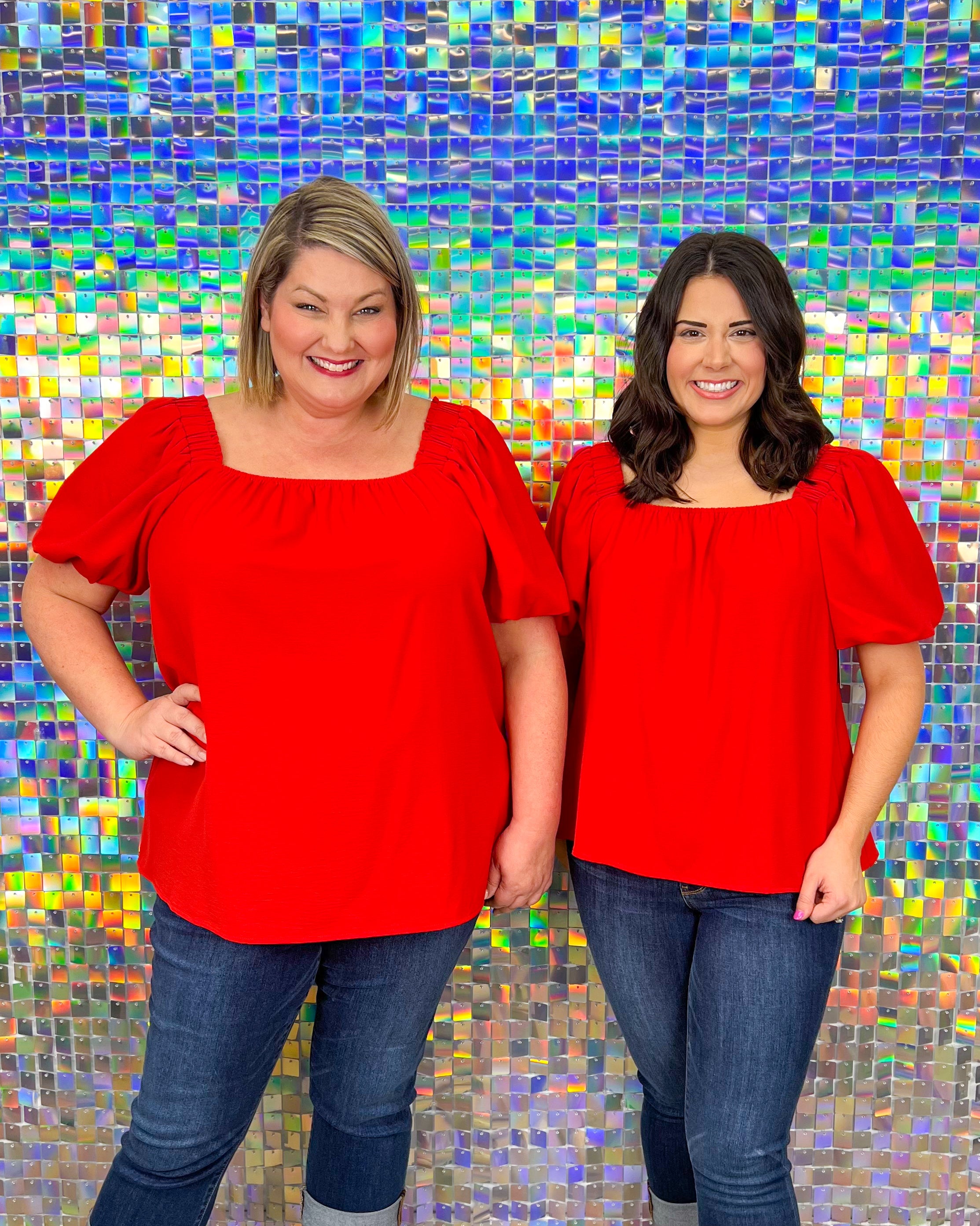She & Sky Cadence Top - Red, square neck, plus size, puff sleeve, short sleeve