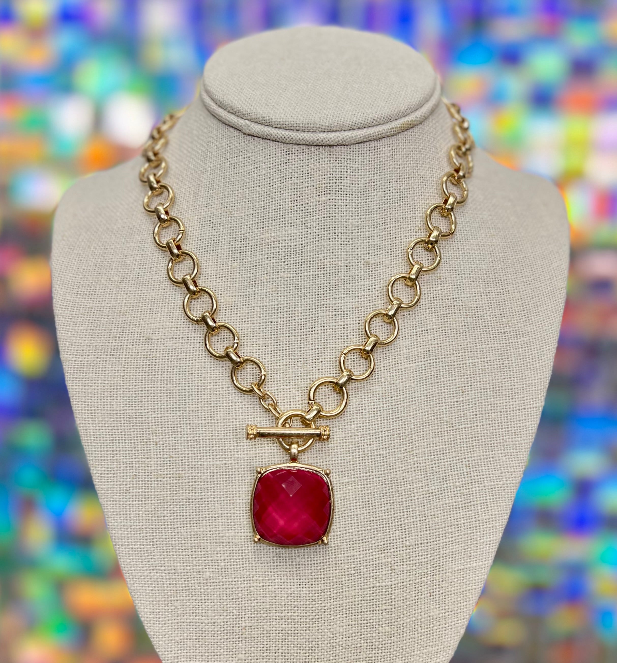 Square Stone Pendant Necklace Set - Ruby