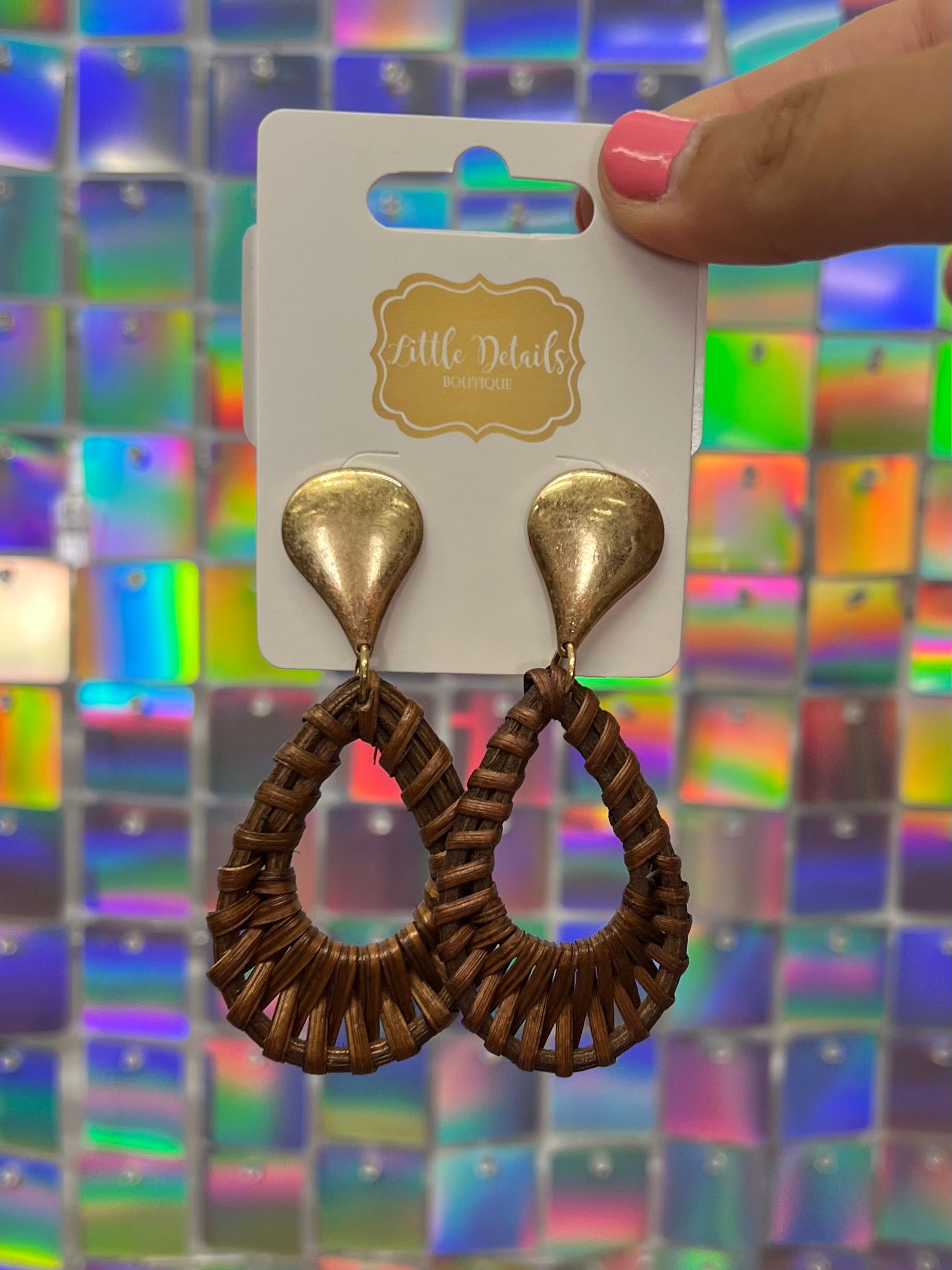 Rattan Teardrop Dangle Earrings - Dark Brown