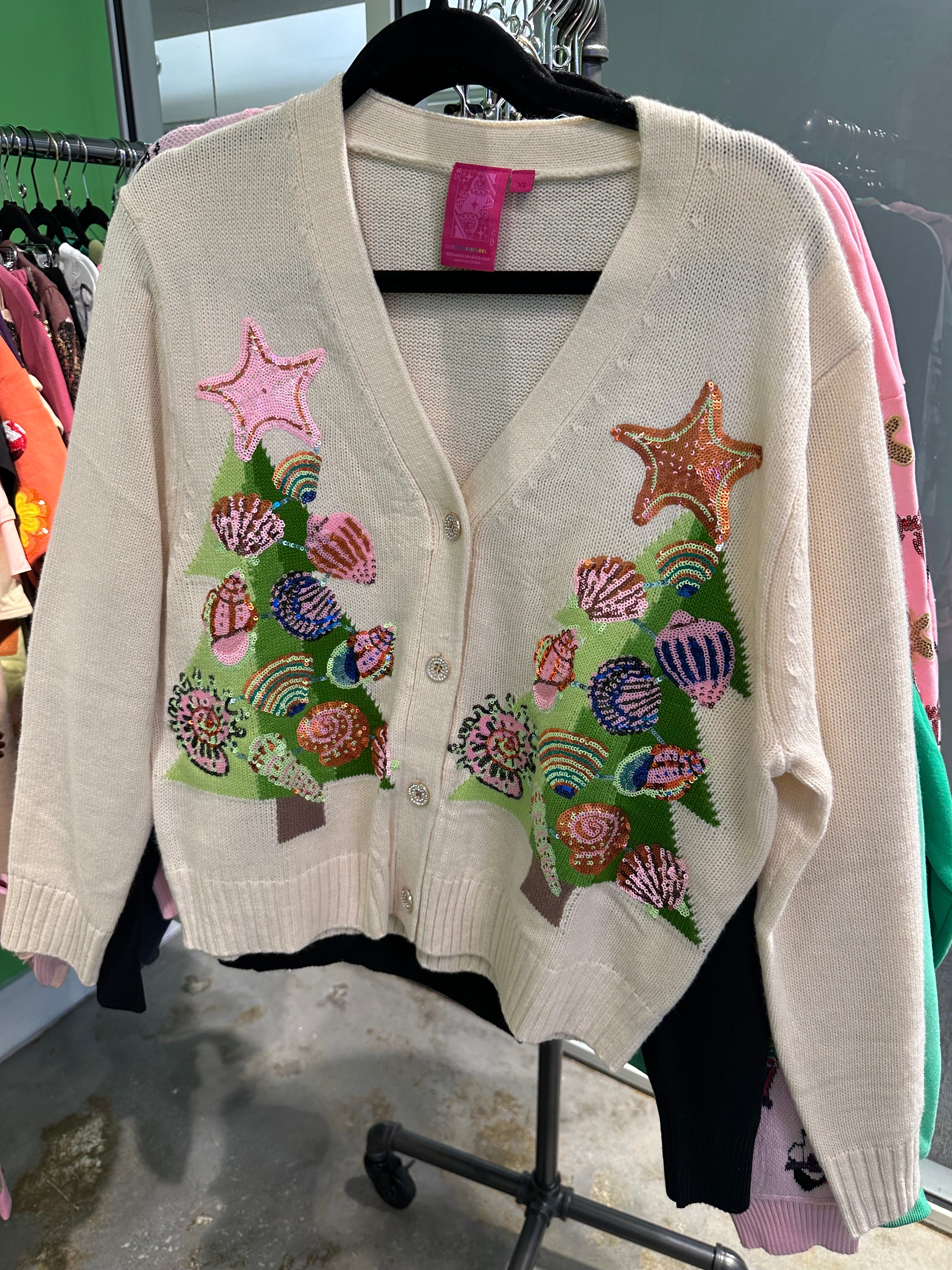 Queen of Sparkles Shell Christmas Tree Cardigan - Ivory