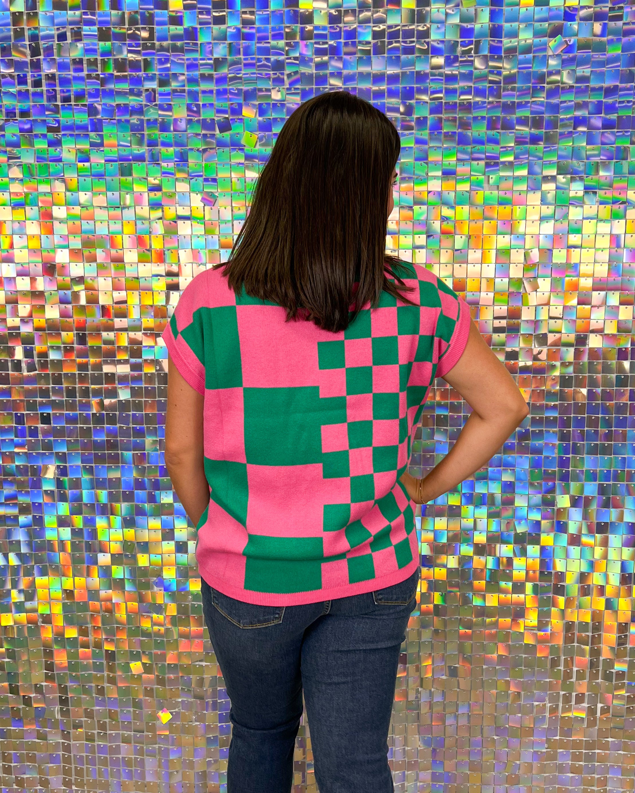 First Love Pepi Sweater - Pink/Green, checkered, grid, pattern, round neck, short sleeve, plus size