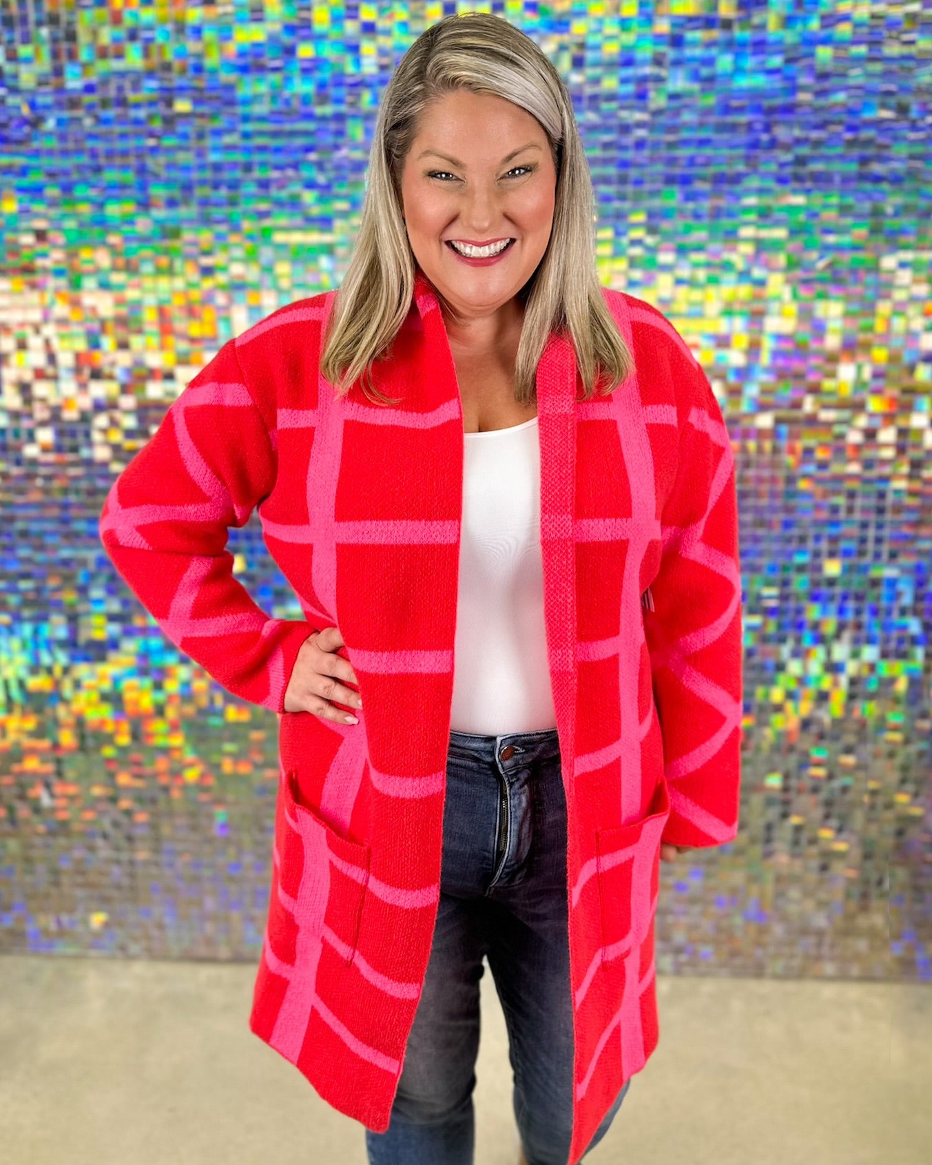 Colette Checker Cardi Coat - Pink/Red