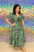 Entro Blaine Dress - Green, brown, tiered, maxi, v-neck, short sleeve, puff sleeve, floral