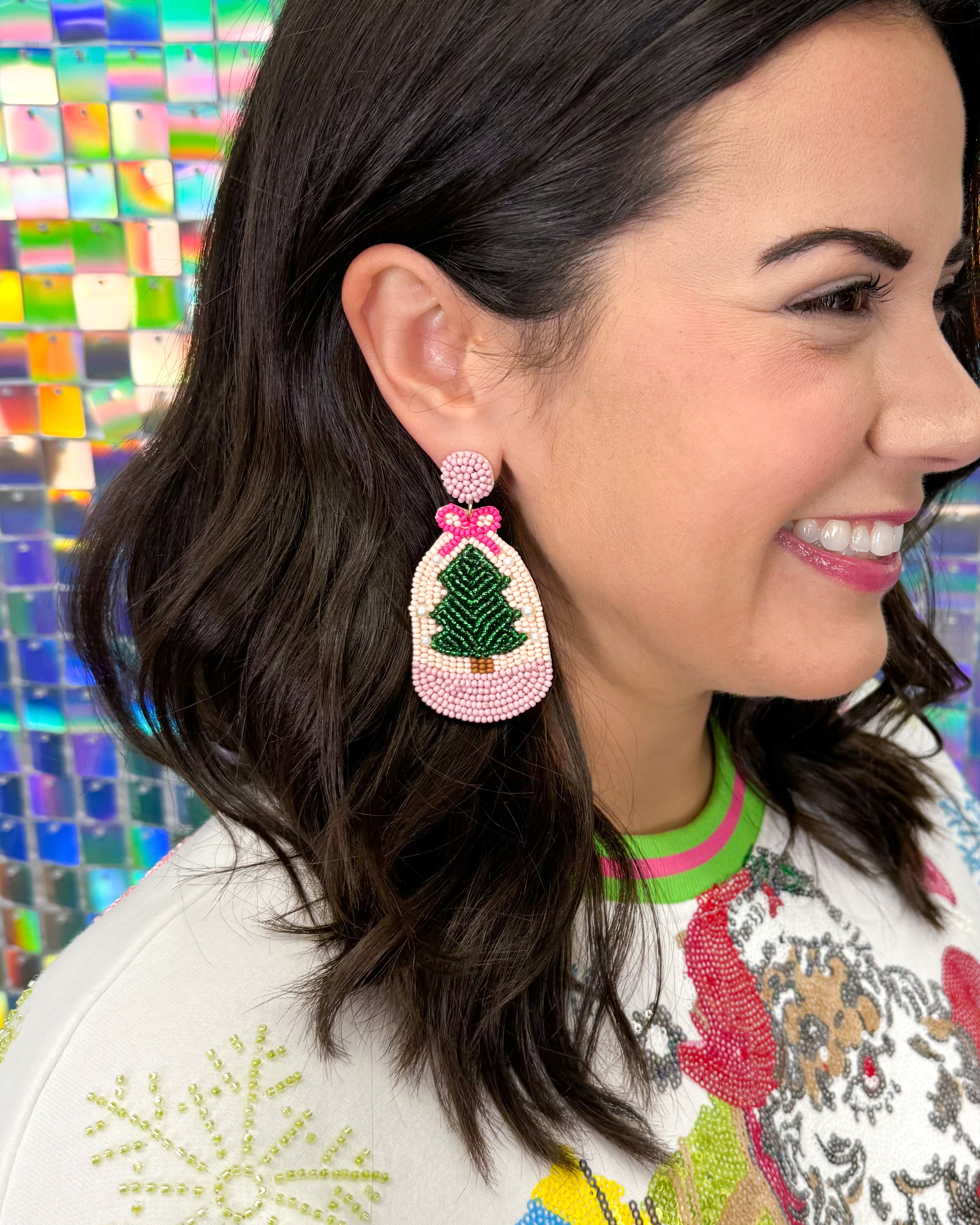 Pink Christmas Beaded Earrings