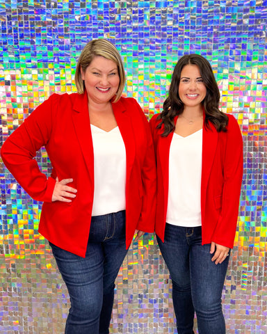 Skies are Blue Tallie Blazer -Scarlet Red, long sleeve, notched lapels, two hip pockets, open front, plus size