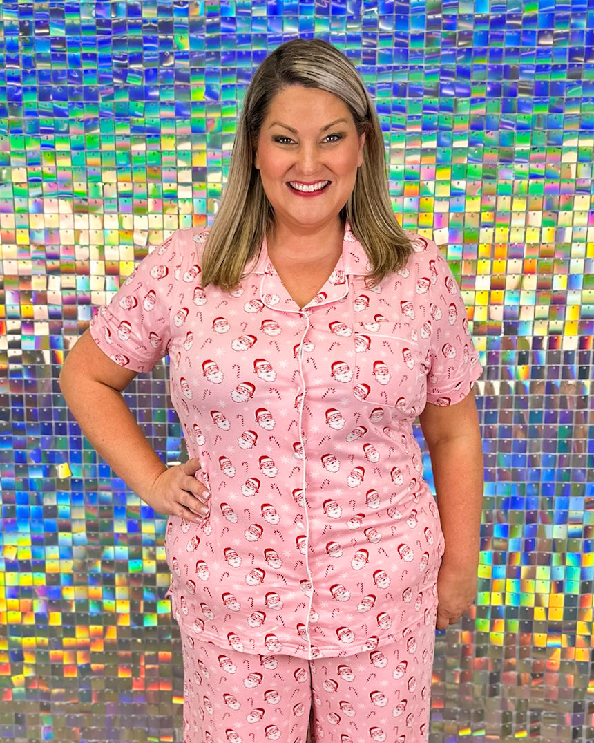 Candy Cane Cutie Short Sleeve Button Up Sleep Shirt - Pink/Red/White