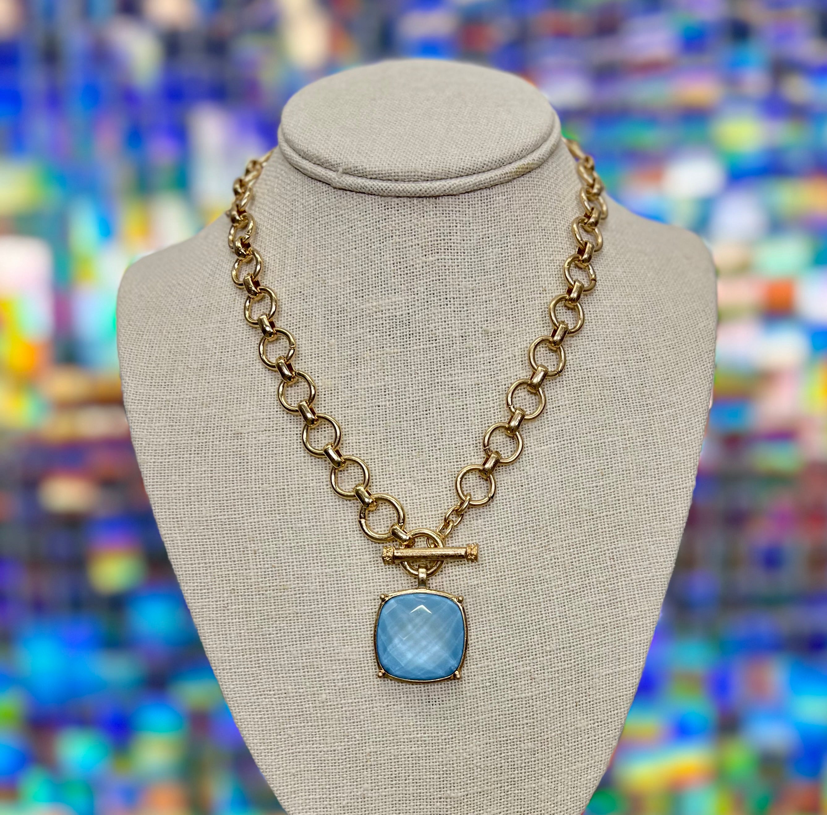 Square Stone Pendant Necklace Set - Icy Blue