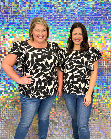 Umgee Sassy And Classy Top - Black, plus size, floral, print, round neck, flutter sleeve, short sleeve