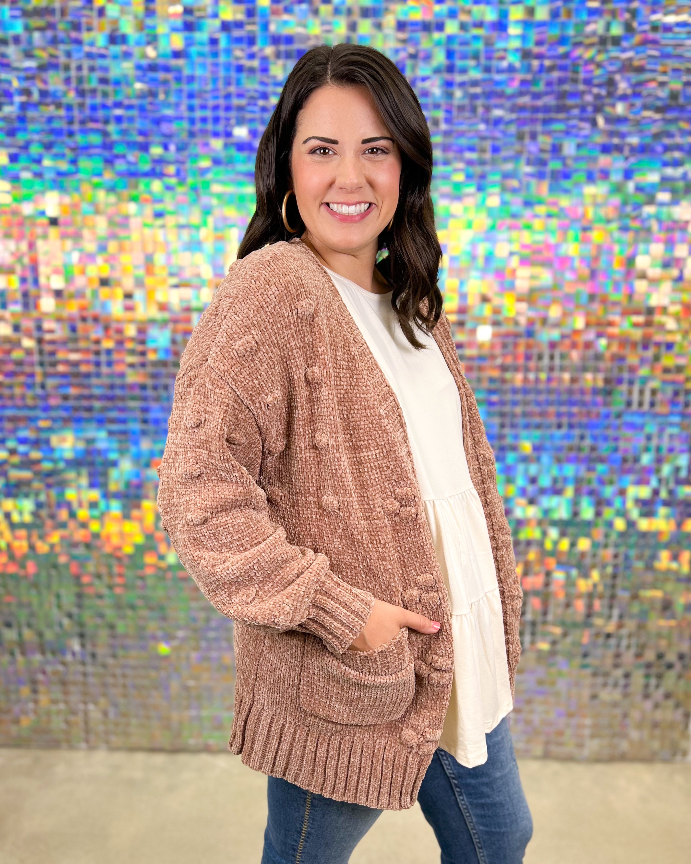 Jodifl Captain and Chenille Cardigan - Taupe, long sleeve, front pockets, open front, textured