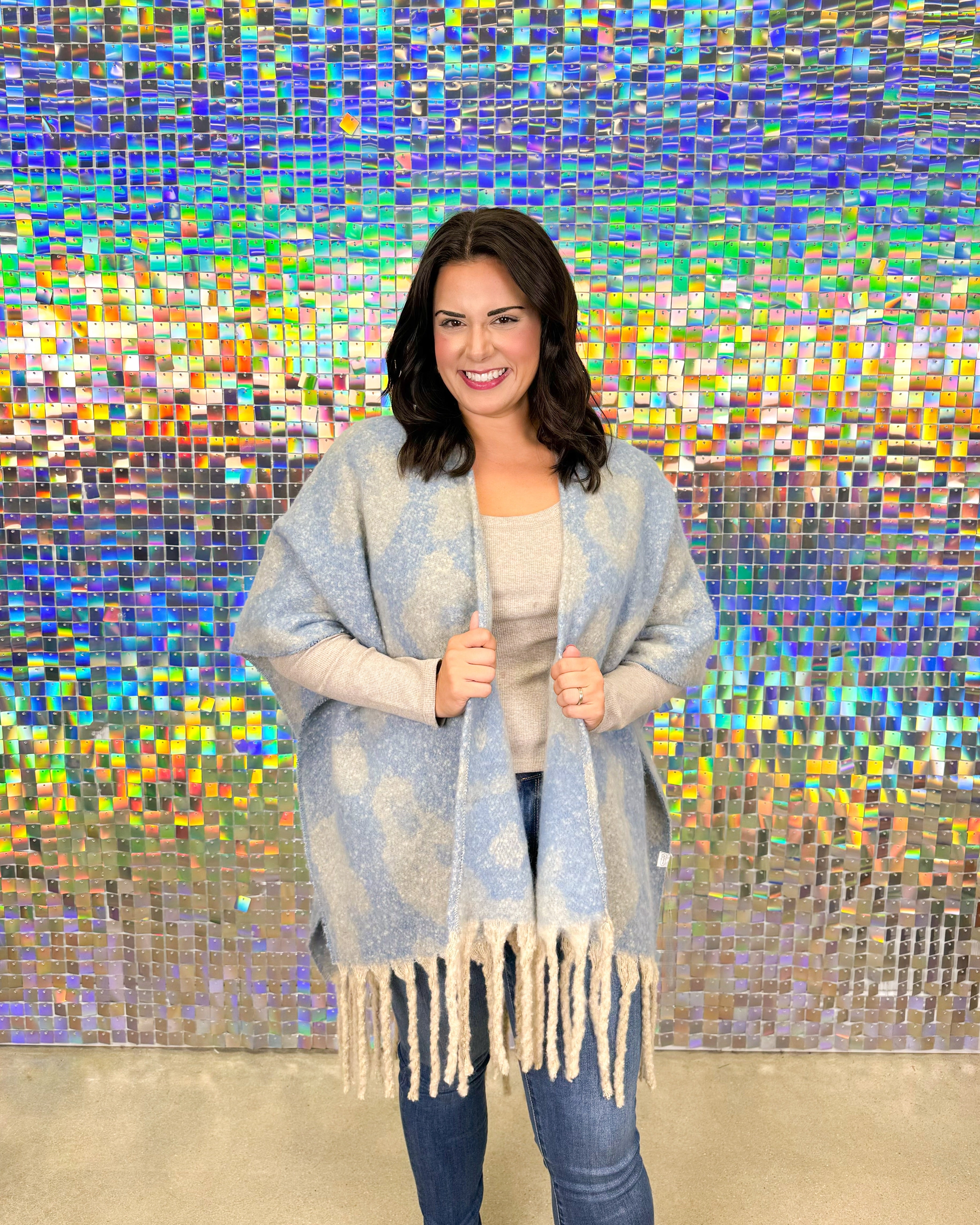 Oversized Leopard Poncho - Blue