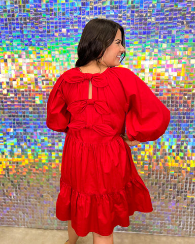 Mud Pie Adriana Bow Dress - Red, 3/4 sleeve, tiered, mini, bow back