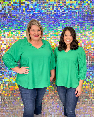 Andree By Unit No Limit Top - Kelly Green, plus size, v-neck, 3/4 sleeve, ruffle