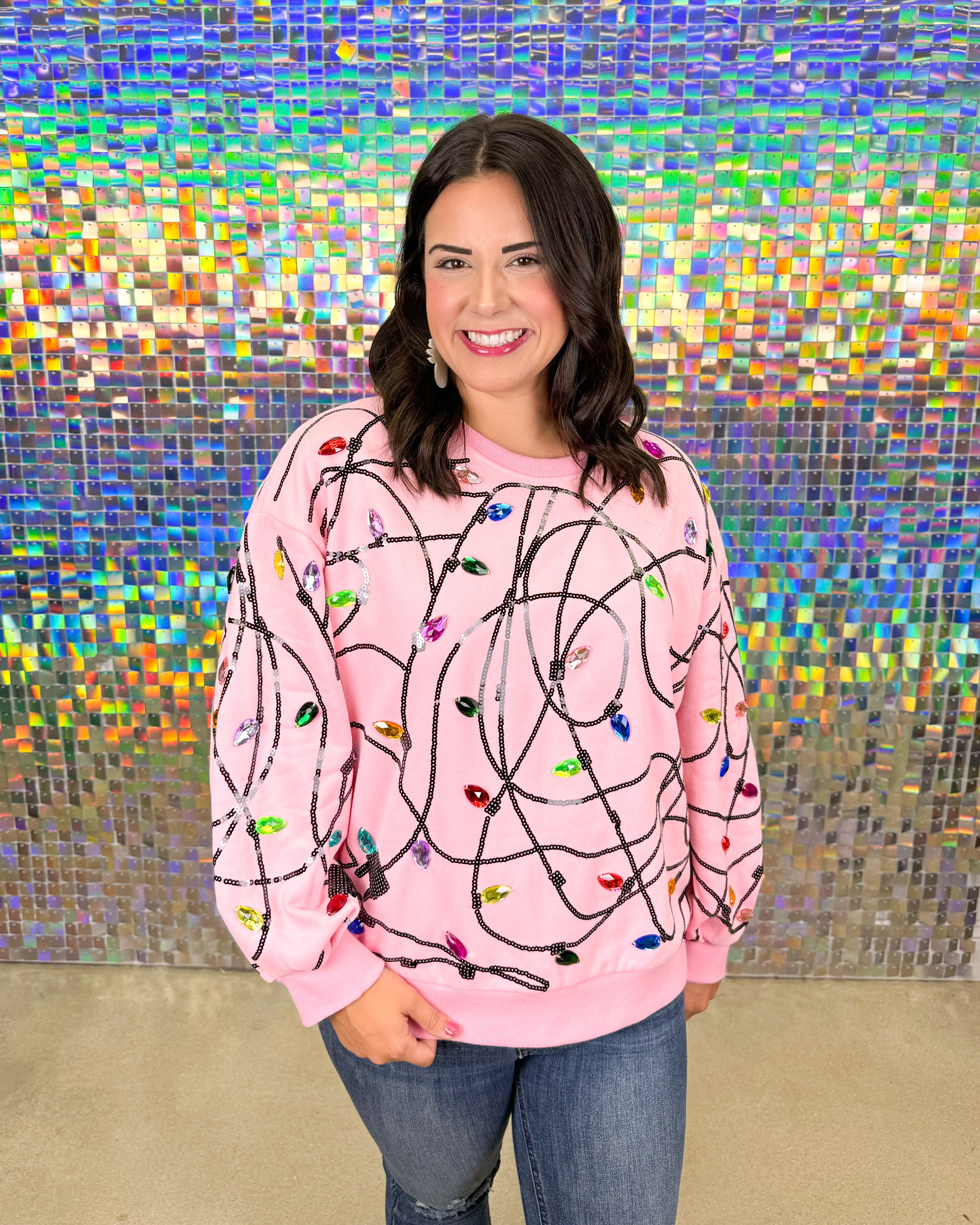 Queen of Sparkles Jeweled Christmas Lights Sweatshirt - Pink