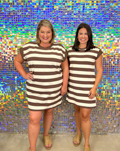 Entro Cameron Stripe Dress - Brown, plus size, pockets, mini dress, short sleeve, round neck