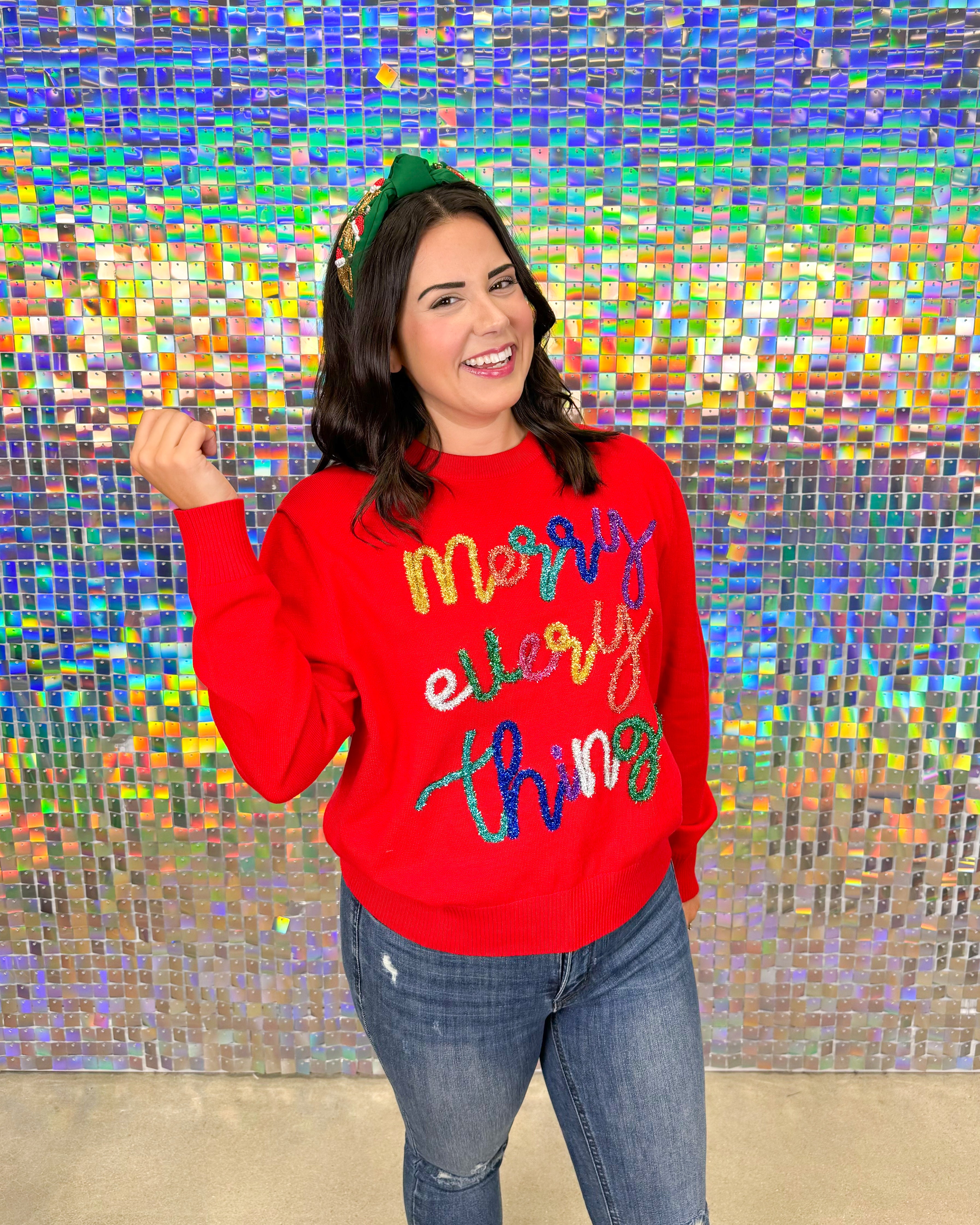 Queen of Sparkles Merry Everything Glitter Script Sweater - Red