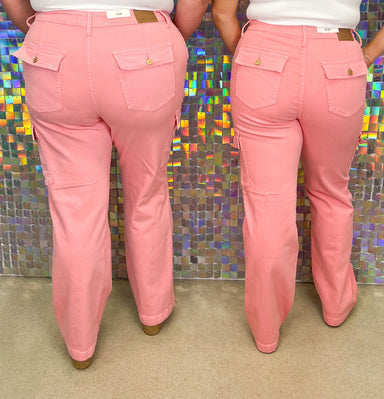 Judy Blue Lyla High Waist Garment Dyed Cargo Straight - Pink, pockets, plus size