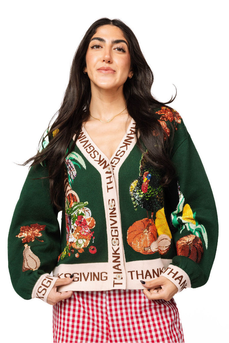 Queen of Sparkles Thanksgiving Button Cardigan - Dark Green