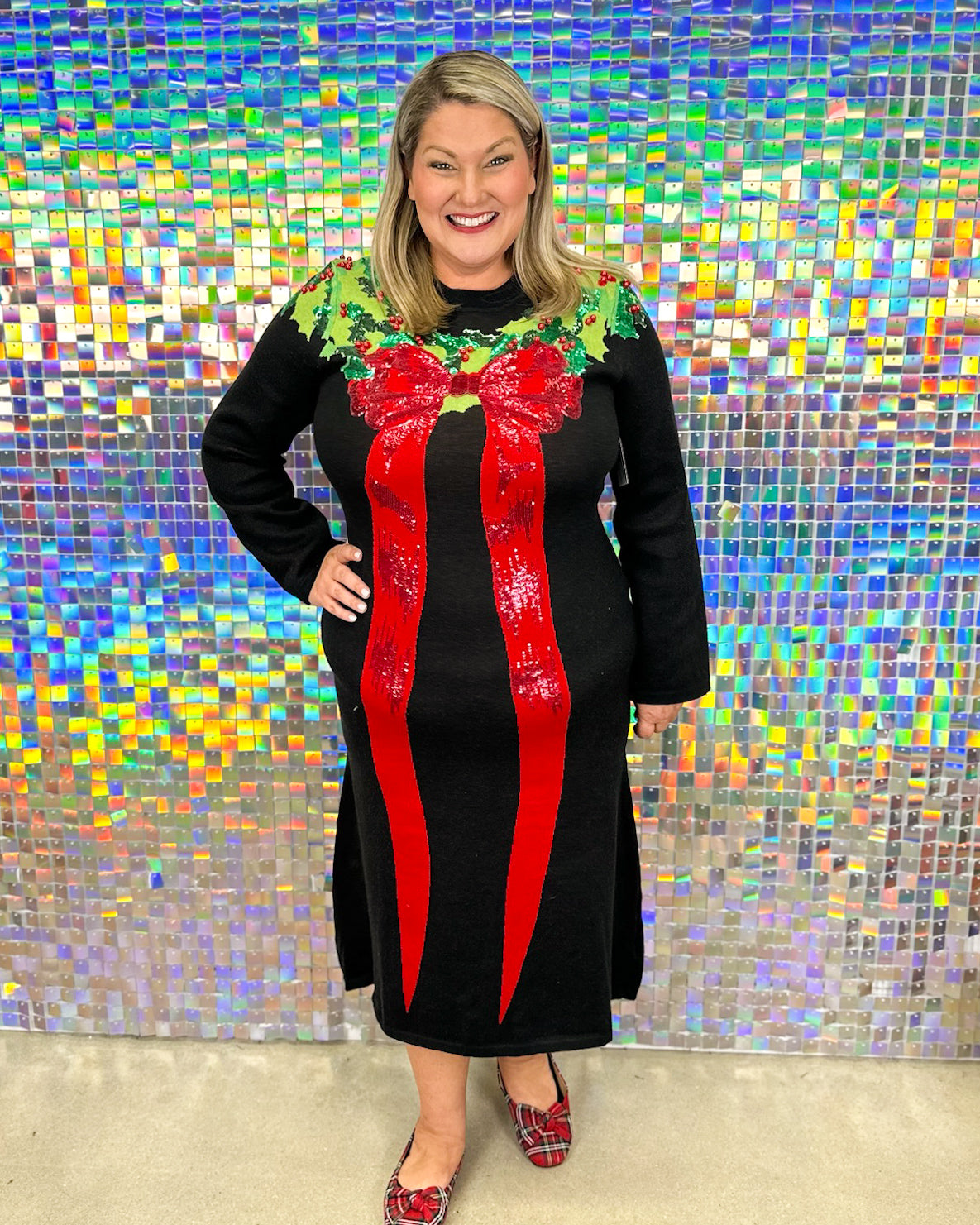 Queen of Sparkles Green and Red Wreath Dress - Black