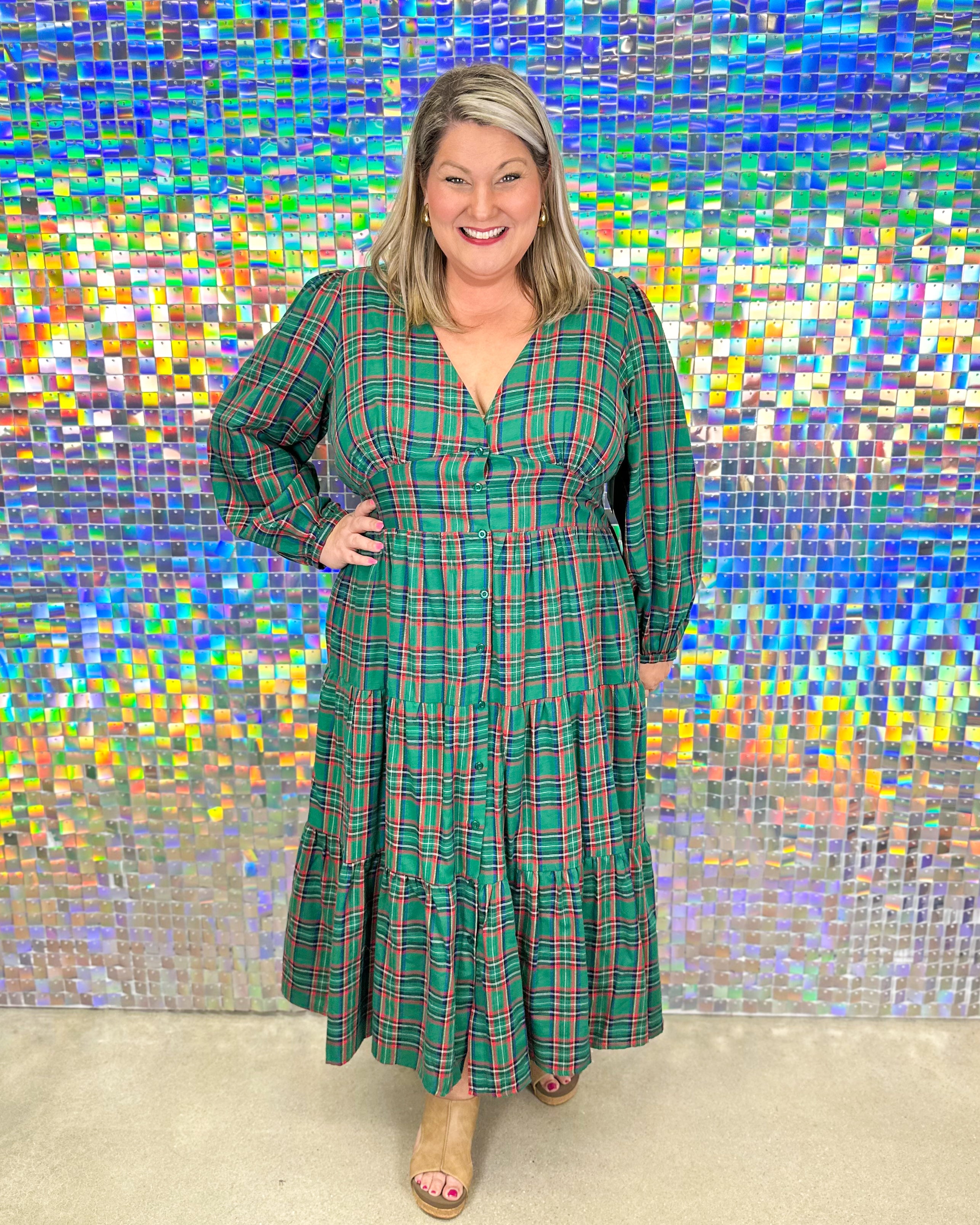 Jace Button Down Midi Dress - Green Multi