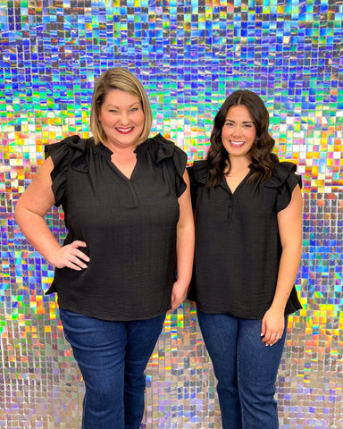 Umgee Maggie Ruffle Top -black, short double ruffle sleeves, ruffle color, buttons, v-neck, wear to work, plus size