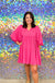 Entro Pink Panther Dress - Hot Pink, textured, v-neck, 3/4 sleeve, empire waist, babydoll, baby doll
