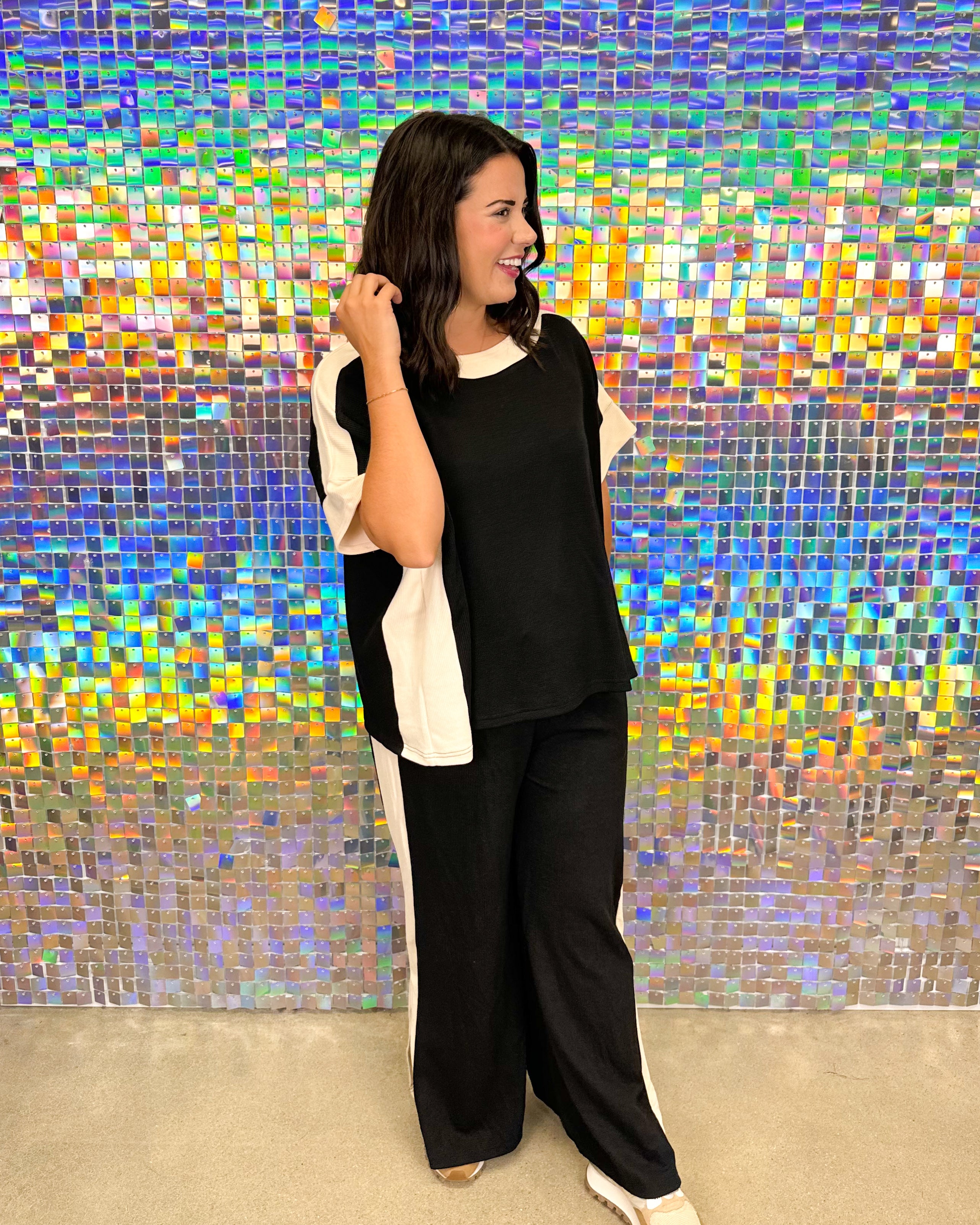 Entro Keeping It Casual Set - Black, color block, plus size, white, stripe, wide leg, slit hem, drawstring pants, oversized, flowy top