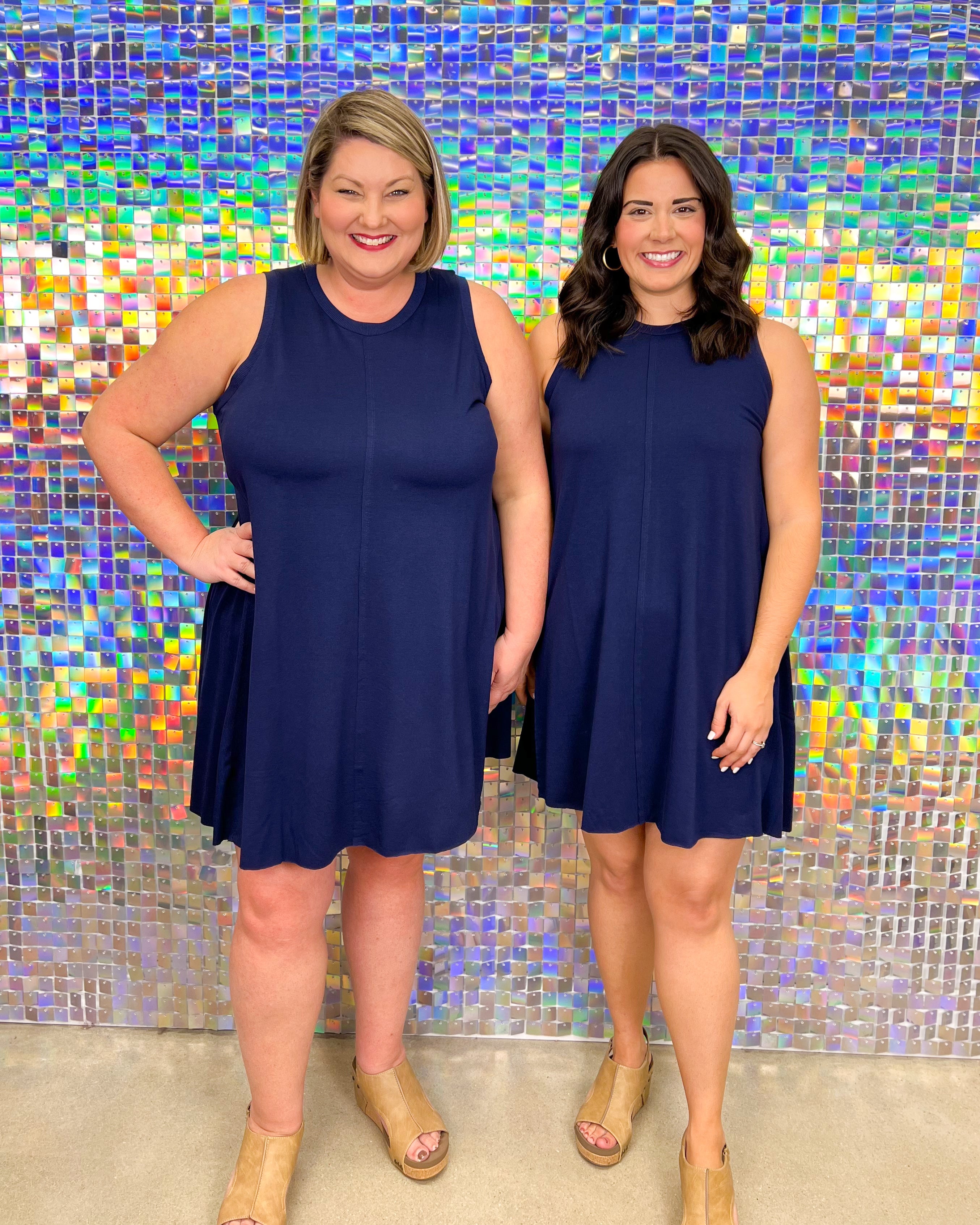 Mud Pie Inman Ribbed Dress - Navy, sleeveless, exposed seam on front, round neck, flowy, plus size